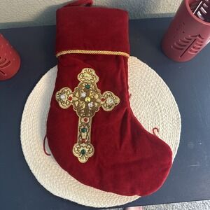 Velvet Christmas Stocking Embroidered Gold Cross with Gems